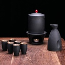 9-Piece Sake Set with Warmer, Black Ceramic Hot Sake Set Including 1Pc Candle Stove, 1Pc Warming Mug, 1Pc Sake Pot and 6Pcs Sake Cups