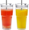 Glass Cups with Lids and Straws, Iced Coffee Cups with Lids,Stylish Ribbed Design Glass Coffee Cups, Drinking Glasses for Iced Coffee,Smoothies,Tea,Juice,Leak-Proof, Ideal for Home and Outdoor Use