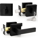 Probrico Flat Black Passage Door Lever with Single Cylinder Deadbolts Combo Pack, Modern Square Lock Set Handleset,Exterior Handle and Set,Exterior