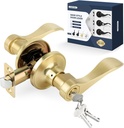 Wave Style Gold Door Handles with Lock and Key (Keyed Differently), Brushed Gold Keyed Entry Door Handle, Reversible Door Lever for Bedroom and Bathroom, Satin Brass,1 Pack