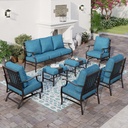 7 Piece Metal Outdoor Patio Furniture Sets, Patio Conversation Sets 3-seater Sofa, 2 Fixed Chair, 2 Rocking Chair, 2 Ottomans with 5.75" Thick Cushion, Black Backyard Furniture, Blue-2