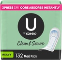 U by Kotex Clean & Secure Maxi Pads, Heavy Absorbency, 132 Count (3 Packs of 44) (Packaging May Vary)