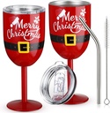 2 Pcs 10oz Christmas Stainless Steel Wine Glasses Cups with Lids Santa Belt Double Wall Insulated Unbreakable Goblets Insulated for Christmas Holiday Wedding Home Party Gift Supplies