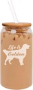 MIP 16oz Can Shaped Glass Iced Coffee Cup with Bamboo Lid and Straw Gift Golden Retriever 'Life is Golden'