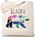 Alaska Bear Northern Lights Canvas Tote Bag for Women Reusable Shopping Bag Alaska Cruise Ship Trip Grocery Bag