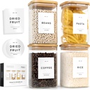 Glass Storage Containers with Bamboo Lids 37fl.oz [Extra Thick Glas] with 72 Pantry Labels - Canister For Pantry Noodles Flour Cereal Rice Sugar Tea Coffee Beans - Square Set of 4x
