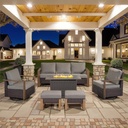 Belord 6 Piece Outdoor Patio Furniture Set with Propane Fire Pit Table, Wicker Patio Conversation Set with 2 Swivel Rocker Chairs Rattan Sofa and Removable 4" Thick Cushions for Deck Backyard