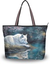 Women's Tote Bag-Whtie Wolf Lake Print, Cloth Zipper Shoulder Bag Handbag Reusable Grocery Bag