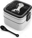 A Black And White Cow Bento Box Adult Lunch Box All-in-One Lunch Containers with Removable Compartments Double Layer Bento Lunch Box with Spoon And Handle Stackable Lunchbox