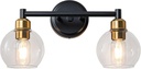 Bathroom Light Fixtures,2-Light Modern Bathroom Vanity Light,Black and Gold Wall Sconce with Clear Glass Globe Shades,Adjustable Brightness Wall Lights for Kitchen,Bedroom,Hallway,Living Room