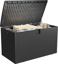 120 Gallon Deck Box, Outdoor Storage Cabinet with Lid, Waterproof Plastic Storage Containers, Large Storage Bench for Patio Furniture, Garden Tool, Pool Accessories.-Rattan Black