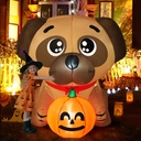 COMIN 5 FT Long Halloween Inflatables Dog Outdoor Yard Decorations Blow Up Pug Holding Pumpkin with Built-in LEDs for Indoor Party Garden Lawn Decor