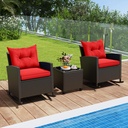 Nightcore 3 Piece Wicker Rocking Set, Patio Rattan Rocking Bistro Set with Tempered Glass Table with Bottom Stopper Design, Outdoor Furniture Set with Soft Cushions or Backyard, Poolside Porch (Red)
