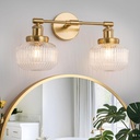 2-Lights Vanity Light, Industrial Wall Sconce with Clear Striped Globe Shade, Bathroom Light for Bedroom, Living Room, Farmhouse, Stairs (Brass)