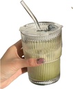 Coffee Mug 1/2PCS Stripe Glass Cup with Lid and Straw Transparent Glasses Drinkware Cup Ice Coffee Mug Tea Milk Juice Water Cup Glass Mug(1pcs with Lid)