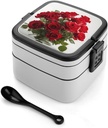 Bento Box Stackable 2 Layers Containers Adult Lunch Box Fresh Red Roses Lunchbox for Women Men All-in-One Meal Prep Containers Leakproof Lunch Containers for Work