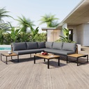 Merax Patio Furniture Set with Coffee Table & Loveseats, 4 Pieces Iron-Wood Design Outdoor Sectional Sofa, L-Shaped Conversation Set with Waterproof Cushions for Garden, Backyard, Poolside, Gray