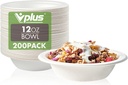 Vplus 200 Pack 12 OZ Paper Bowls, Disposable Compostable Bulk, Eco-friendly Bagasse, Heavy-duty Bowls Perfect for Milk Cereals, Snacks, Salads