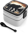 Adult Double-Layer Bento Box Bear Silhouette Portable Lunch Box with Spoon And Invisible Handle Leakproof Microwave-Safe Food Container for Work Travel Camping