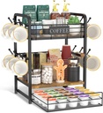 EsLuker.ly Coffee Bar Organizer Station Shelf Mug Holder, 3 Tier Coffee Cup Stand Rack for Countertop with 12 Hooks, K Cup Pod Organizer Drawer for Home Office, Keeps Essentials Tidy & Accessible