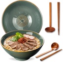 8 Inch Ceramic Ramen Bowl Set of 2, 40oz Japanese Bowls with Spoons & Chopsticks,Durable,Microwave & Dishwasher Safe,Perfect for Ramen,Pho,Salad,Soup,Noodles，Mixing bowls（Dark Teal）