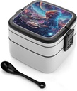 Space Landscape Bento Box Adult Lunch Box All-in-One Lunch Containers with Removable Compartments Double Layer Bento Lunch Box with Spoon And Handle Stackable Lunchbox