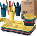 Bokon 24 Pcs Divided Plate for Adult Wheat Straw Lunch cutlery Set Toddler Dinnerware Microwave Safe Picnic School(Classic Color)
