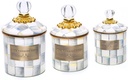 MACKENZIE-CHILDS Enamel Canister Set, Mini (14 oz.), Demi (24 oz.), and Small (38 oz.) Kitchen Containers, Gray-and-White Sterling Check