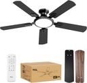 TCL 52" Low Profile Ceiling Fan with Light, Slim, Black, Flush Mount, DC Reversible Motor, 6 Speeds, Remote Control, Noiseless, Dimmable, LED Light, 3CCT, Modern Matte Black Ceiling Fan for Bedroom