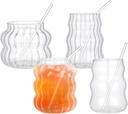 4 Pcs Creative Glassware Set Wave Shape Drinking Glasses with Glass Straw Aesthetic Cups Vintage Ribbed Glass Cups Cute Drinking Glasses for Tea Beer Water Cocktail Coffee Beverage Kitchen
