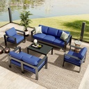 GarveeLife 5-Piece Dark Gray Aluminum Patio Furniture Set, 7-Seat Sectional Sofa with Grey Cushions (2 Singles+1 Loveseat+1 Sofa+1 Table), Outdoor Living Room Set (Blue)