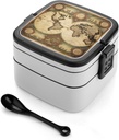 Vintage Old World Map Bento Box Adult Lunch Box All-in-One Lunch Containers with Removable Compartments Double Layer Bento Lunch Box with Spoon And Handle Stackable Lunchbox