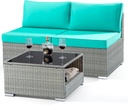 Outdoor 3 Pieces Armless Wicker Couch Set, Outdoor Patio Sectional Loveseat with Removable Cushions and Coffee Table, Armless Rattan Sofa, Aqua