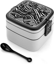 Bento Lunch Box for Women Lunch Containers for Adults Black And White Lines Double Layered Lunchbox Large Capacity Bento Box with Cutlery for Work Picnic Camping Travel