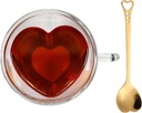 Heart Shaped Cup - Double Walled Insulated Glass Coffee Mug or Tea Cup - Double Wall Glass 10oz (300ml) - Clear - Unique & Insulated with Handle - With Teaspoon