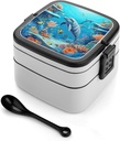 Bento Box Stackable Lunch Box with 2 Compartments Leak-Proof Food Storage Containers Seabed Coral Fish Dolphins Bento Lunch Box for Adults Lunch Containers with Utensil Set