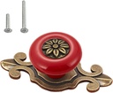 HUAMULAN 10 Pack Retro Ceramic Pulls,Vintage Dresser Kitchen Petal Cabinet Knobs Zinc Alloy Base Back Plate Kid Cupboard Wardrobe Drawer Door Handles,Bronze+Red