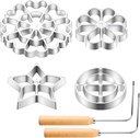 6 Pcs Rosette Iron Mold Set Bunuelos Mold with Handle Cooking Stamp Maker Kit Cookie Cutter Aluminum Alloy Waffle Maker with 3 Interchangeable Head Star Flower Circle(Wood)
