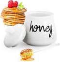 Porcelain Honey Pot with Lid and Glass Honey Stick, 12oz Ceramic Honey Dispenser with Dipper for Home Kitchen