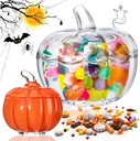 Dandat 2 Pcs Halloween Glass Pumpkin Jar with Lid 2 Sizes Halloween Candy Bowl Cute Snack Jar Crystal Candy Dish for Home Decoration Fall Thanksgiving Centerpieces Wedding Party, Clear and Orange