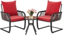 YITAHOME 3-Piece Outdoor Patio Bistro Set, All-Weather Rattan Conversation Chairs, Wicker Furniture C Spring Motion Chairs for Backyard, Balcony and Deck with Soft Cushions, Glass Side Table, Red