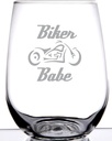 Biker Babe Stemless Wine Glass | Laser Etch Embedded Design | Motorcycle Biker Girl Woman | 15 Ounce
