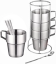 Stainless Steel Coffee Cups with Spoons & Stand, Double Walled Coffee Mug with Insulated Stainless Steel Handle,300ml Cup Stackable Coffee Mug Tea Cups 4pcs