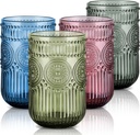 Joeyan Vintage Drinking Glasses Set of 4,14 oz Embossed Sunflower Beaded Highball Glass Water Tumbler Cups,Colored Romantic Glassware for Beverages Cocktail Juice Wine,Multicolor,Dishwasher Safe