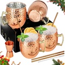 Moscow Mule Mugs Copper Mule Cup Kit 18oz Set of 4 with Handle Large Copper Hammered Plating Cups with 0.5oz Double Jigger, Stainless Steel Straws, Spoon for Cold Drinks Cocktails Wine