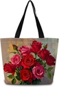 Red Floral Tote Bag Reusable Grocery Bags Aesthetic Shopping Shoulder Handbag with Interior Pocket Lightweight & Washable Stylish Oil Painting Rose Floral Present for Women