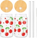 Whaline 2 Pack Cherry Iced Coffee Cup Red Cherry Flower Heart Drinking Glasses Cute Beer Can Glass with Lid Straw Cleaning Brush for Home Office Women Gifts,16oz