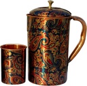 Indian Art Villa Printed Design Pure Copper 1 Jug 1 Glass Set, Drinkware, Storage & Serving Water, Color- Blue, Jug-50 Oz & Glass- 10 Oz, 2 Pieces Set
