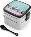 Double Layer Bento Box Adult Lunch Box Bento Box with Spoon And Handle Stackable Lunchbox Powdered Sugar And Cake Printed for Work Picnics And Travel