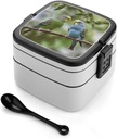 Blue And Green Parakeets Bento Box, Reusable Double Layer Lunch Box with Handle & Dividers, 1000ml Leakproof Lunch Container for Office, Picnic, Travel